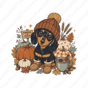 May include: A black and tan dachshund wearing a brown knit beanie and tan boots, surrounded by pumpkins, autumn leaves, wheat stalks, acorns, and a mug of warm beverage. A wooden sign in the background features the text PUMPKIN PATCH.