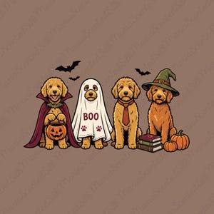 Puede incluir: Una ilustración gráfica de cuatro perros de color dorado disfrazados para Halloween. Uno lleva una capa de vampiro y sostiene un cubo de calabaza, uno es un fantasma con el texto BOO, uno lleva una corbata y uno lleva un sombrero de bruja junto a libros.