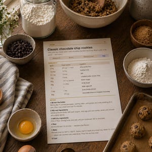 May include: A photograph showing the ingredients and recipe for classic chocolate chip cookies. Ingredients include flour, chocolate chips, eggs, and sugar. A recipe card is visible, along with a baking tray of cookie dough.