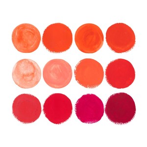 Può includere: Una collezione di dodici campioni di vernice circolari in tonalità di rosso e arancione. I colori variano dal pesca chiaro al cremisi intenso, mostrando una varietà di sfumature e toni. I campioni sono disposti in tre file da quattro, su sfondo bianco.