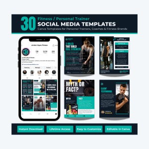 Op de afbeelding: Een digitale productmockup met 30 social media templates voor fitness- en personal trainers. De templates worden weergegeven op een smartphone en in print, met tekst als "Fitness Coaching" en "Mythe of feit?" Direct downloaden en levenslange toegang.