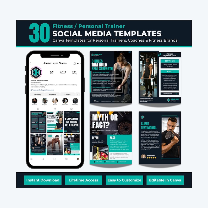Op de afbeelding: Een digitale productmockup met 30 social media templates voor fitness- en personal trainers. De templates worden weergegeven op een smartphone en in print, met tekst als "Fitness Coaching" en "Mythe of feit?" Direct downloaden en levenslange toegang.