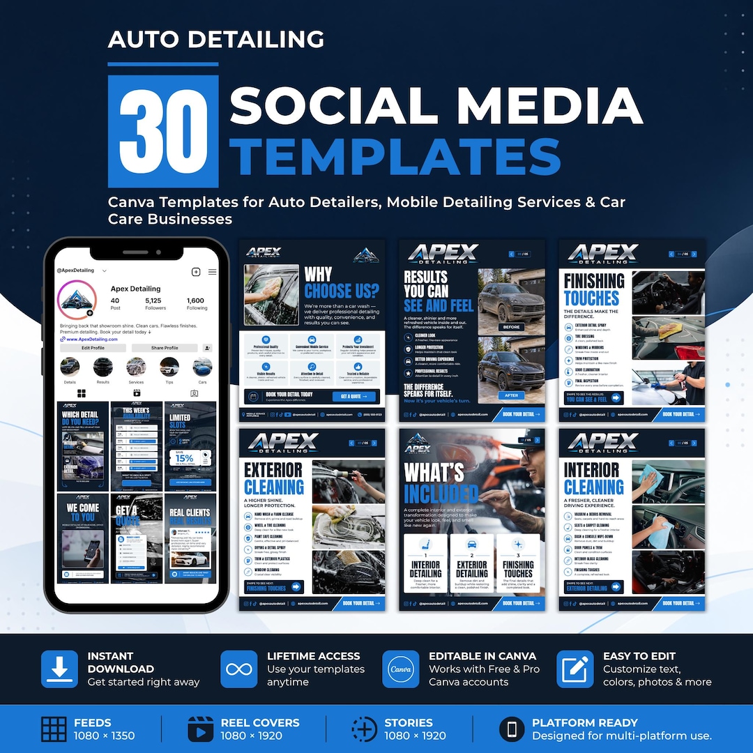 Auto Dialers Design Auto Detailing Social Media Templates, 30 Editable Canva Templates for ...