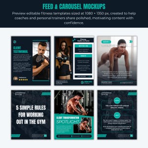 Op de afbeelding: Promotieafbeelding met fitnesssjablonen voor sociale media. De afbeelding bevat mockups van Instagram-berichten met tekst en afbeeldingen met betrekking tot fitnesstips, getuigenissen van klanten en trainingsroutines. De tekst bevat "Feed & Carousel Mockups" en "5 Simple Rules for Working Out in the Gym."