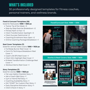 Op de afbeelding: Een promotionele afbeelding voor fitnesscoaches en wellnessmerken. Het bevat 30 professioneel ontworpen sjablonen voor feedposts, reel covers en story templates. De sjablonen zijn op maat gemaakt voor verschillende social media platforms.