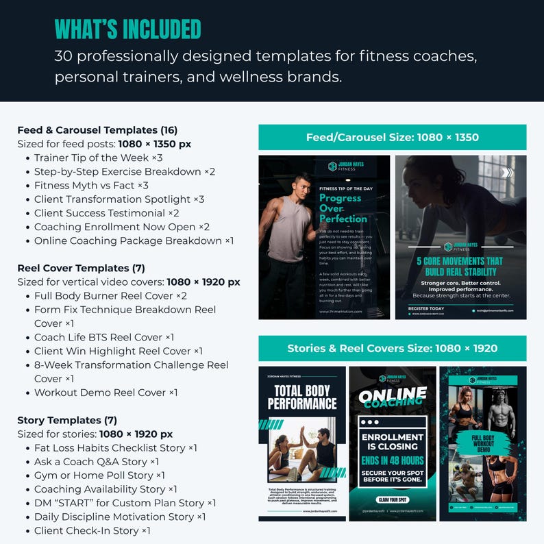 Op de afbeelding: Een promotionele afbeelding voor fitnesscoaches en wellnessmerken. Het bevat 30 professioneel ontworpen sjablonen voor feedposts, reel covers en story templates. De sjablonen zijn op maat gemaakt voor verschillende social media platforms.