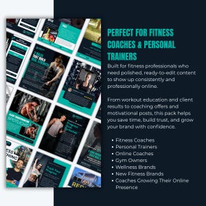 Op de afbeelding: Promotieafbeelding voor fitnesscoaches en personal trainers. Het toont een verzameling sjablonen voor sociale media met fitnessgerelateerde inhoud, waaronder trainingstips en klantcases. De tekst benadrukt de voordelen van het contentpakket.