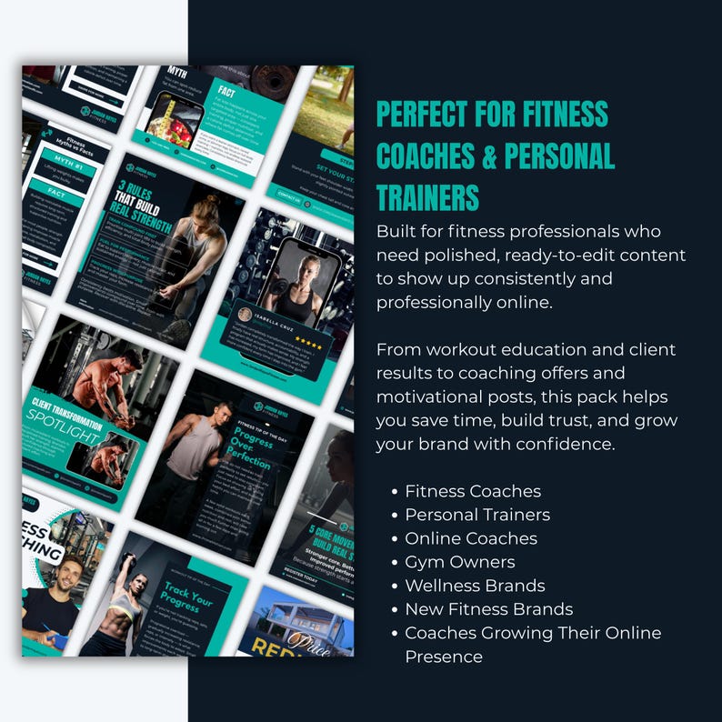 Op de afbeelding: Promotieafbeelding voor fitnesscoaches en personal trainers. Het toont een verzameling sjablonen voor sociale media met fitnessgerelateerde inhoud, waaronder trainingstips en klantcases. De tekst benadrukt de voordelen van het contentpakket.