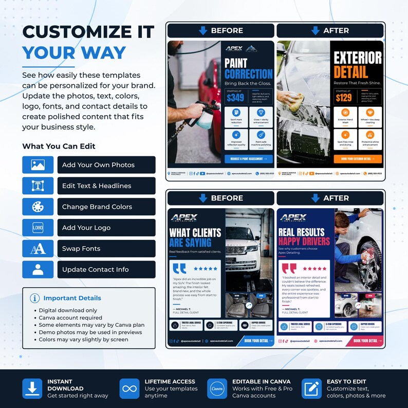 Auto Dialers Design Auto Detailing Social Media Templates, 30 Editable Canva Templates for ...