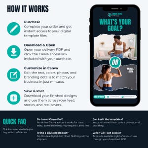 Op de afbeelding: Een smartphone toont een fitnesssjabloon met de tekst "Wat is jouw doel?" en afbeeldingen van vrouwen. Het ontwerp bevat opties voor gewichtsverlies of spiergroei. Er staan ook instructies op.