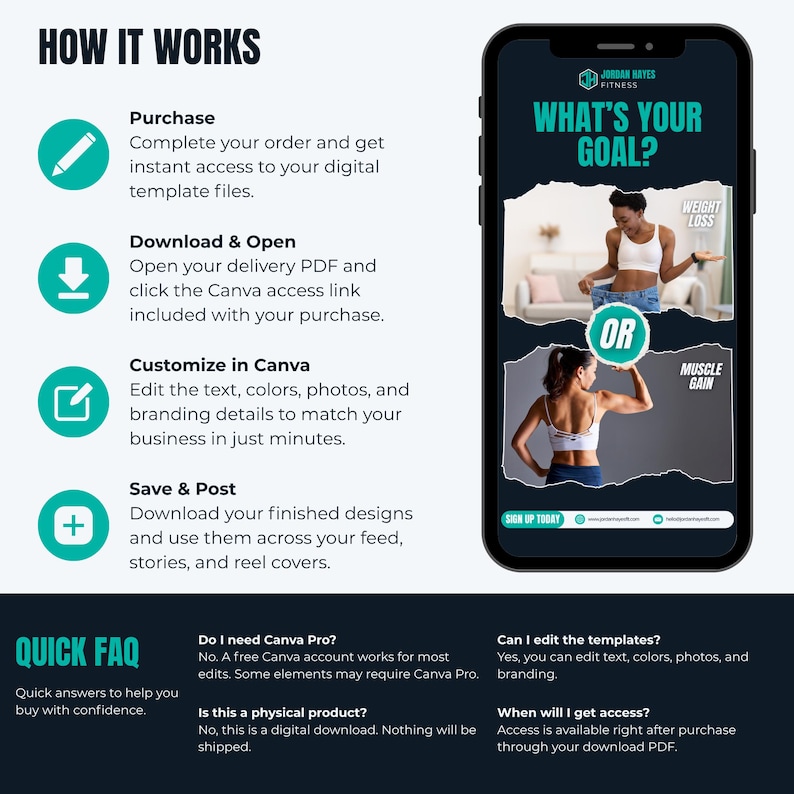 Op de afbeelding: Een smartphone toont een fitnesssjabloon met de tekst "Wat is jouw doel?" en afbeeldingen van vrouwen. Het ontwerp bevat opties voor gewichtsverlies of spiergroei. Er staan ook instructies op.