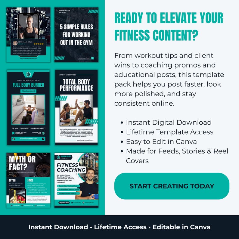 Op de afbeelding: Een promotionele afbeelding met de tekst "READY TO ELEVATE YOUR FITNESS CONTENT?" en verschillende social media templates met fitnessthema. De templates bevatten workout tips, coaching promo's en educatieve posts. De afbeelding bevat ook de tekst "Instant Digital Download" en "Lifetime Template Access".
