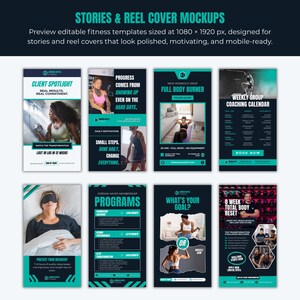 Op de afbeelding: Een verzameling fitness-thema social media templates in teal, zwart en wit. De templates bevatten tekst zoals "Client Spotlight", "Full Body Burner" en "8 Week Total Body Reset". De templates zijn ontworpen voor stories en reel covers.