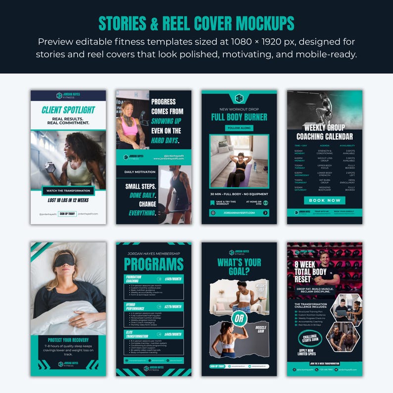 Op de afbeelding: Een verzameling fitness-thema social media templates in teal, zwart en wit. De templates bevatten tekst zoals "Client Spotlight", "Full Body Burner" en "8 Week Total Body Reset". De templates zijn ontworpen voor stories en reel covers.