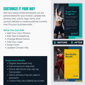 Op de afbeelding: Een digitale sjabloon voor fitnesscontent. Het ontwerp bevat de tekst "Pas het aan op jouw manier" en "Volg je voortgang". De sjabloon maakt het mogelijk om foto's toe te voegen, tekst te bewerken, kleuren te wijzigen en logo's toe te voegen.
