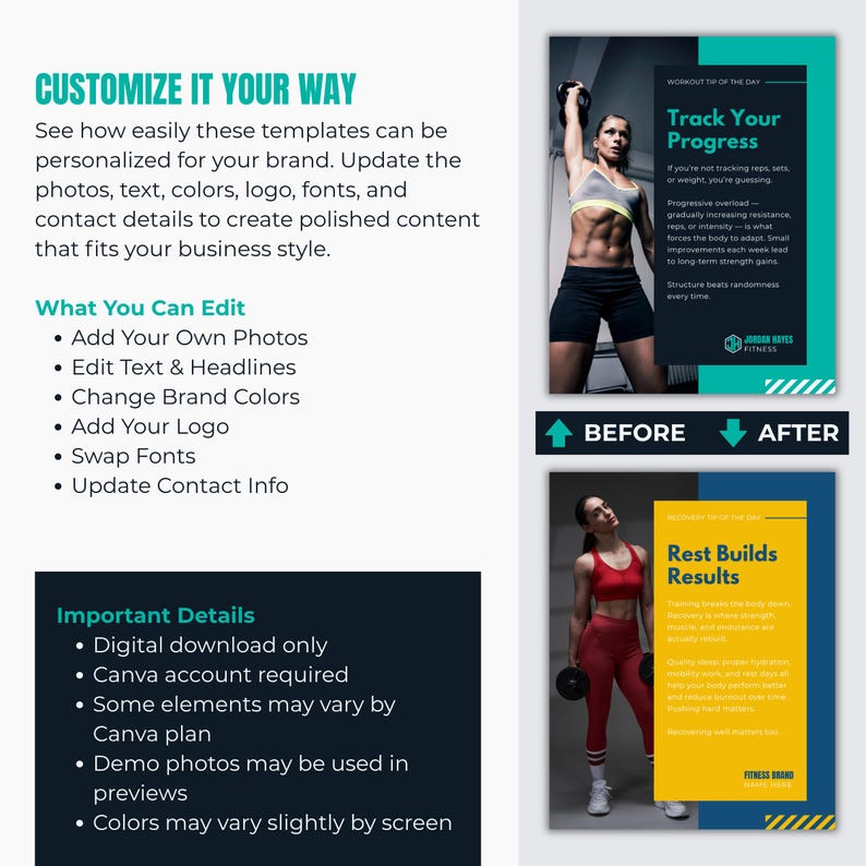 Op de afbeelding: Een digitale sjabloon voor fitnesscontent. Het ontwerp bevat de tekst "Pas het aan op jouw manier" en "Volg je voortgang". De sjabloon maakt het mogelijk om foto's toe te voegen, tekst te bewerken, kleuren te wijzigen en logo's toe te voegen.