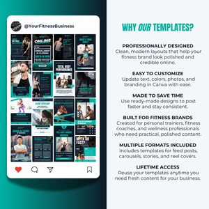 Op de afbeelding: Een set sjablonen voor sociale media voor fitnessbedrijven, weergegeven op een telefoonscherm. Het ontwerp heeft een witte achtergrond met turquoise accenten. Tekst bevat "Waarom onze sjablonen?" en beschrijvingen van de functies.