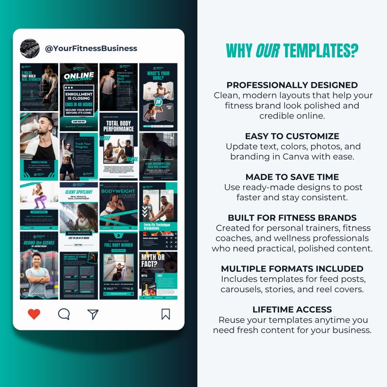 Op de afbeelding: Een set sjablonen voor sociale media voor fitnessbedrijven, weergegeven op een telefoonscherm. Het ontwerp heeft een witte achtergrond met turquoise accenten. Tekst bevat "Waarom onze sjablonen?" en beschrijvingen van de functies.