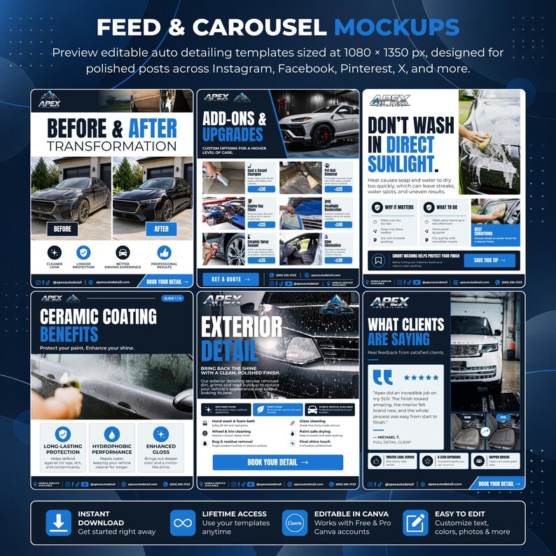 Auto Dialers Design Auto Detailing Social Media Templates, 30 Editable Canva Templates for ...