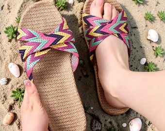 Womens Linen Slippers Lightweight Home Sandals Breathable Summer House Shoes Non Slip Indoor Slides