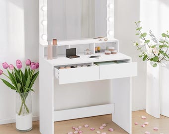 White Vanity Table with LED Mirror Makeup Dressing Table with Drawers Modern Cosmetic Desk Bedroom Beauty Station