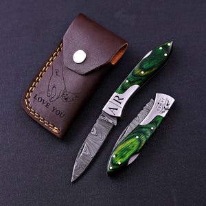 Custom Engraved Hand Forged Damascus Folding Pocket Camping Tool With Leather Sheath, Personalised Gift for Men, Boyfriend Gift