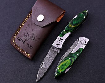 Custom Engraved Hand Forged Damascus Folding Pocket Camping Tool With Leather Sheath, Personalised Gift for Men, Boyfriend Gift