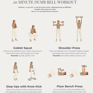 Peut inclure: Guide illustré pour un entraînement complet du corps avec haltères de 20 minutes. Comprend des exercices tels que des squats gobelets, des développés épaules, des montées de genoux et des développés couchés au sol. Instructions et groupes musculaires.