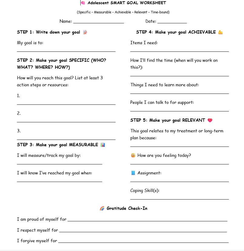 SMART Goal Worksheet for Teens | Behavioral Health Therapy Tool ...