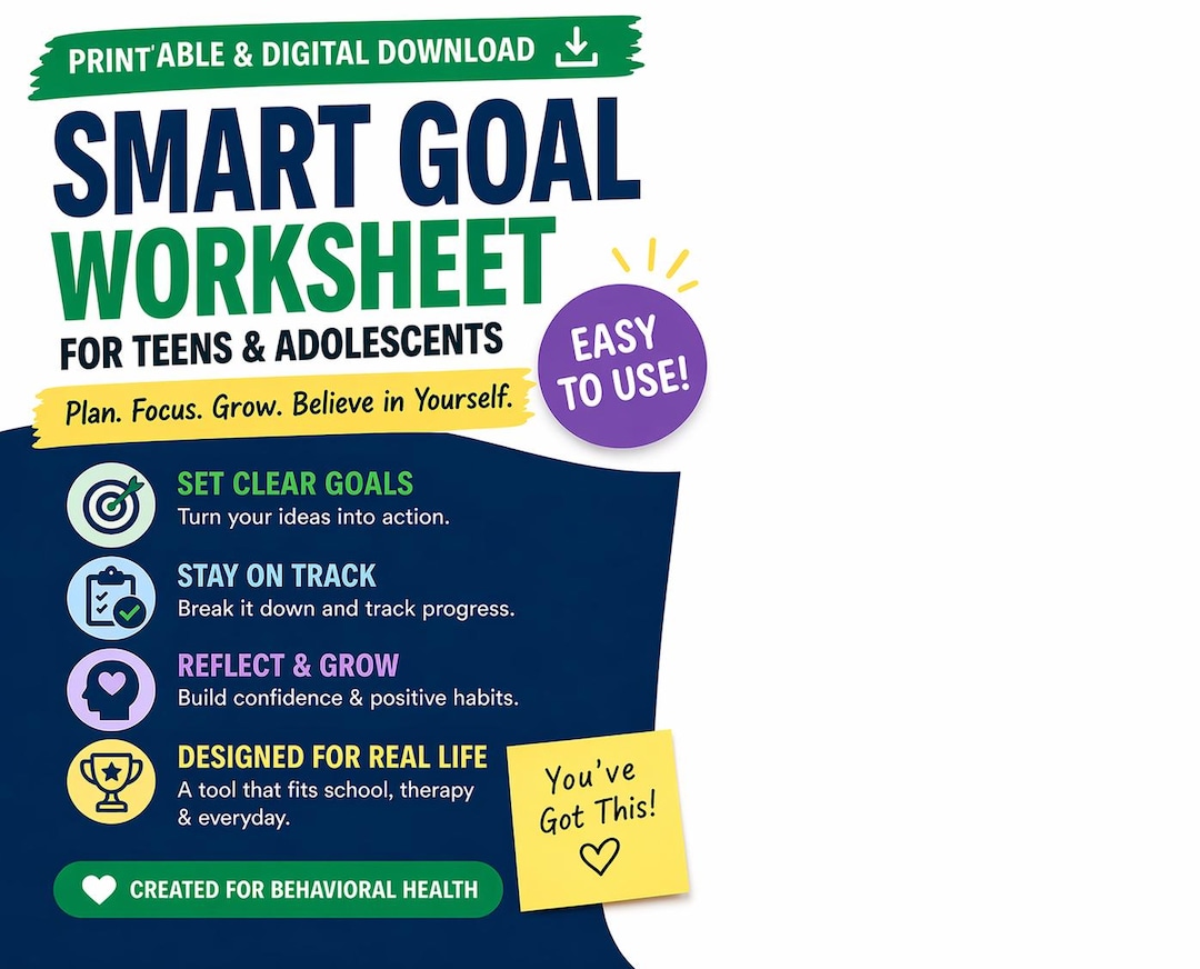 SMART Goal Worksheet for Teens | Behavioral Health Therapy Tool ...