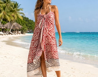 Pareo in cotone stampato a blocchi / Sarong rosso tribale / Copricostume da spiaggia per donna / Idea regalo per il tempo libero