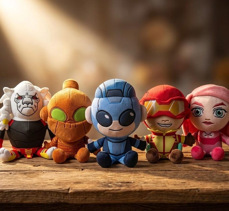 May include: Five plush superhero dolls in various colors sit on a wooden surface. The dolls include a white-faced character, an orange character with green eyes, a blue character, a red character, and a pink character.