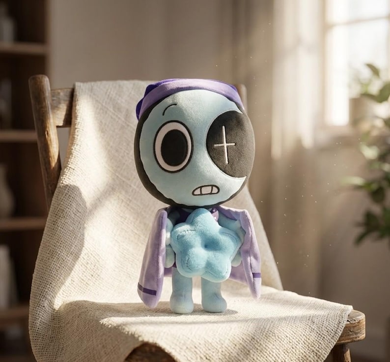 May include: A plush doll with a light blue face, black eye, and a cross stitched on the other eye. It wears a purple nightcap and cape, and holds a blue star. The doll is sitting on a wooden chair.