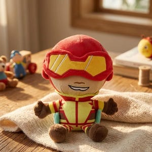 May include: A plush superhero doll with a red helmet and yellow visor. The doll has a yellow and red suit with brown gloves and shoes. Other plush toys are in the background.