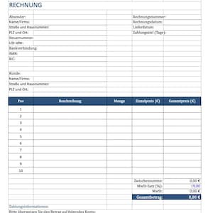 May include: A German-language invoice template with fields for sender and customer details, including address and bank information. The document includes sections for itemized descriptions, quantities, and prices, with a final total.