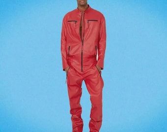 Men's Red Leather Zipper Casual Jumpsuit. Real Sheepskin Leather Bodysuit XL.