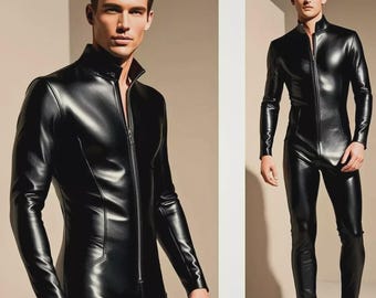 Men's Leather Slim fit Black Bodysuit. Real Sheepskin Leather Custom Catsuit M.