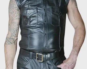 Nieuw zwart leren bikershirt voor heren. Shirt van echt schapenleer in politiestijl M