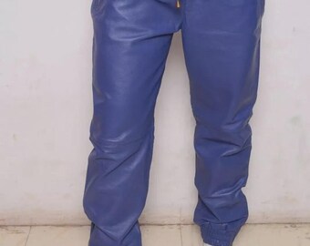 Blauwe joggingbroek heren echt lamsleer handgemaakte leren broek Biker Casual