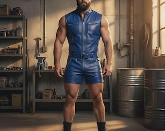 Blauwe leren slim-fit korte bodysuit voor heren. Jumpsuit van echt schapenleer M.