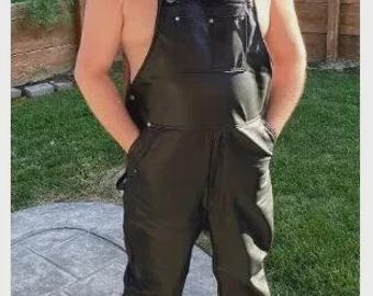 Echte schapenvachtleren tuinbroekjumpsuit voor heren met verstelbare bandjes en zakken