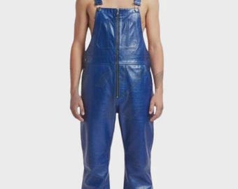 Blauwe schapenleer tuinbroek-jumpsuit met verstelbare bandjes en zak M
