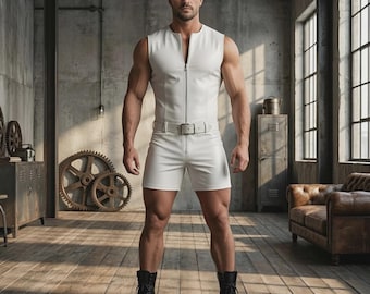 Witte leren slim-fit korte bodysuit voor heren. Jumpsuit van echt schapenleer M.