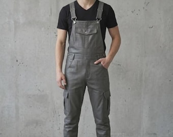 Grijze schapenleren tuinbroekjumpsuit voor heren met verstelbare bandjes en zakken M.