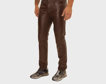 Chocoladebruine premium leren bikerbroek heren| Echte lamsleren jeansbroek