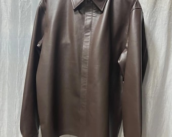 Bruin leren herenshirt. Echt zacht schapenvacht leren Cafe Racer-shirt XL.