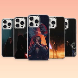 May include: A collection of five phone cases featuring Star Wars-themed artwork. The cases display various characters and scenes, including Darth Vader, Anakin Skywalker, and the Death Star, in a dark, dramatic style. The cases have a clear, protective design.