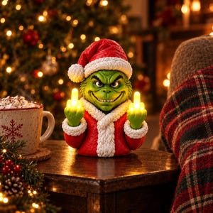 Könnte beinhalten: Eine grüne, texturierte Charakterfigur mit roter Weihnachtsmütze und rotem Mantel mit weißem Besatz. Die Figur hat einen schelmischen Gesichtsausdruck und hält beide Mittelfinger hoch, die von hellen, warm leuchtenden Lichtern beleuchtet werden.