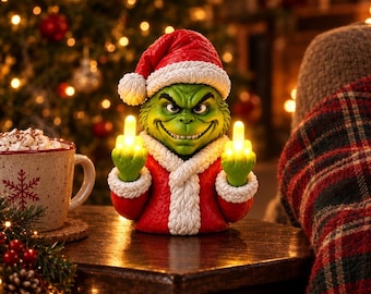 Grinch middelvingerlampje, grappig kerstbeeldje, onbeleefd kerstmannetje/rendier spook nachtlampje, grapcadeau, White Elephant cadeau voor volwassenen