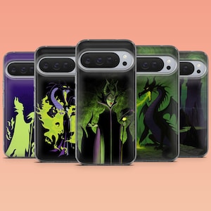 May include: Five smartphone cases arranged in a row, each featuring distinct illustrations of a dark sorceress and a black dragon. The designs utilize a color palette of deep purple, black, and vibrant lime green, showcasing various scenes of the character.